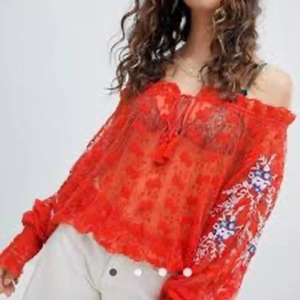 Free People Red Sheer Lace Embroidered Off Shoulder Tassel Blouse Small OB643444